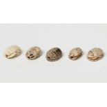 Set of five scarabs; Egypt, Second Intermediate Period - New Kingdom, 1800-69.White steatite.With