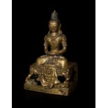 Buddha; China, Quing Dynasty, 17th-18th century.Gilt copper.Presents seals.Measurements: 19 x 11.5 x