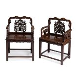 Pair of throne chairs. China, late Qing dynasty, 19th centuryCarved hongmu (sourwood) or