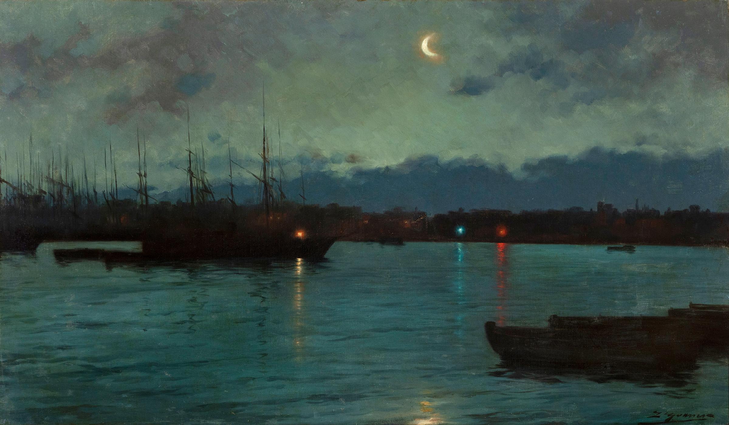 LUIS GRANER ARRUFÍ (Barcelona, 1863 - 1929)."Night-time Marina. Port of Barcelona".Oil on canvas.