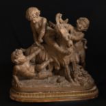 CLAUDE MICHEL CLODION (Nancy, 1738 - Paris, 1814)."Satyrs playing with a goat".Terracotta.Signed and