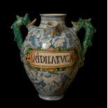Jug; Italy, 17th century.Glazed majolica-type ceramic.Measurements: 38 x 39 x 23 cm.Enamelled