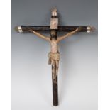 Spanish school; 18th century."Crucified Christ".Carved and polychromed wood with silver mounts.It