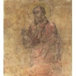Fresco. Linear Gothic, 14th century."Saint (probably Peter)".Possibly, tempera on whitewashed wall.