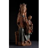 Gothic carving, probably Navarre, 14th century."Virgin in Majesty with Child".Carved wood.Lack of