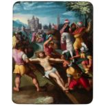 Flemish school of the early 17th century."The Raising of the Cross".Oil on copper.Measurements: 25 x