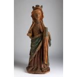 Gothic Virgin. Spain, 14th century.Carved wood.Polychromy partially lost.Missing left hand.