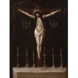 Spanish school; 17th century."Crucifixion".Oil on canvas.Measurements: 46 x 35 cm; 66 x 54 cm (