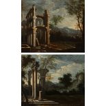 Italian school; 18th century."Ancient ruins".Pair of oils on canvas. Re-coloured.Slight repainting.
