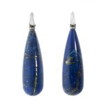 Pair of long earrings in lapis lazuli and diamonds. Model with two bodies, the upper one