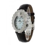 OPTIMA SWISS watch for women. White mother-of-pearl dial. Silver hands and diamond indexes. Bezel