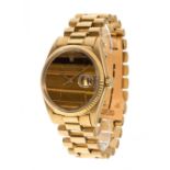 ROLEX Oyster Perpetual Datejust watch, for men/unisex. In 18kt yellow gold, tiger eye dial. Baton-