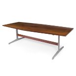 Boardroom table. Denmark, 1960s.Wood and metal.Use marks.Measurements: 72 x 250 x 110 cm.Table of