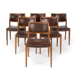 KAY LYNGFELDT-LARSEN (Denmark, 1920-1976).Set of six chairs, 1960s.Teak wood and brown leather
