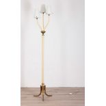 Floor lamp, Italy, 1950s. Made of Murano glass with tripod base in gilded copper. Three adjustable