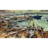 JOAN SERRA MELGOSA (Lérida, 1899 - Barcelona, 1970)."Boats in the harbour".Oil on canvas.Signed in