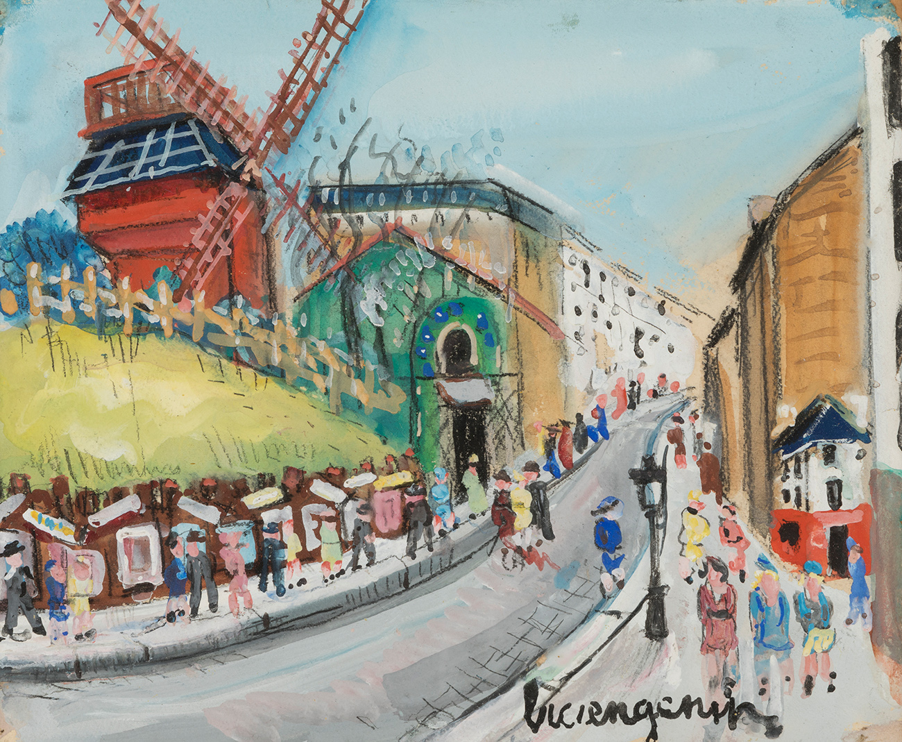 LUCIEN GENIN (Rouen, 1894 - Paris 1953)."Moulin de la Galette.Watercolour and charcoal on paper.