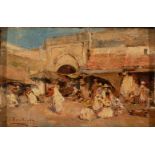 JOSÉ BENLLIURE GIL (Valencia, 1855 - 1937)."Moroccan market".Oil on panel.Signed in the lower left