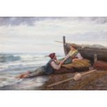 PIETRO GABRINI (Rome, 1856-1926)."Couple on the Coast of Rome".Oil on canvas.Signed in the lower