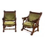 FRANCESC VIDAL JEVELLÍ (Barcelona, 1848-1914).Pair of armchairs, ca.1900.Walnut frame, velvet