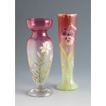 Two Art Nouveau vases. France, early 20th century.Glass and enamel.Measurements: 22.5 cm (tallest).