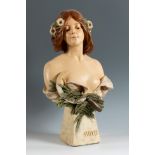 T. BLASCHE. Art Nouveau sculpture, ca. 1900."Ruth".Polychrome terracotta.Signed on one side and