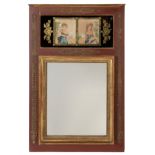 Trumeau mirror. France, ca. 1820.Gilt and polychrome wood frame, stucco decorations.Engravings on