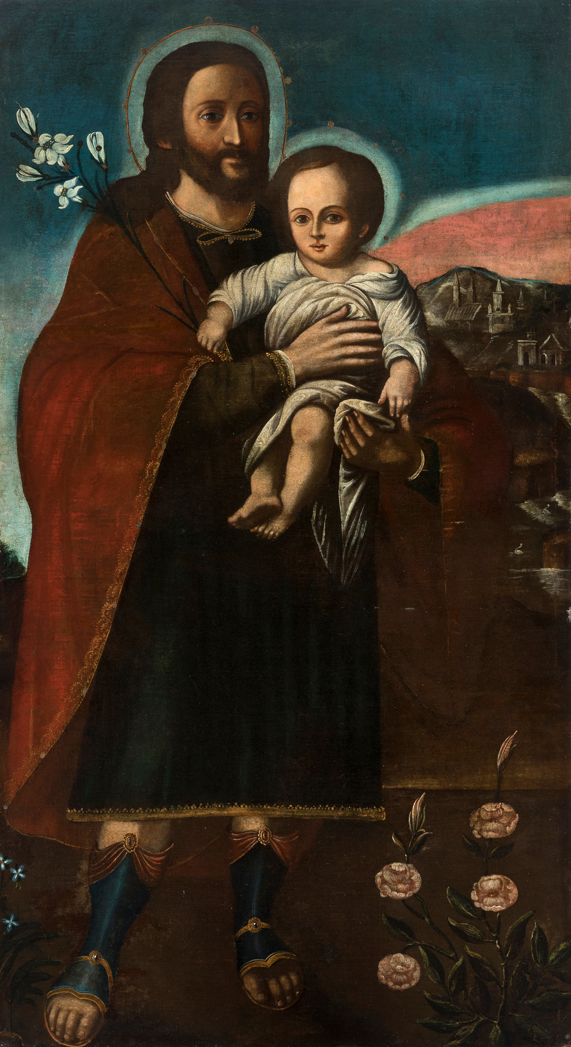 Peruvian colonial school; first half of the 18th century."Saint Joseph with Child".Oil on canvas.