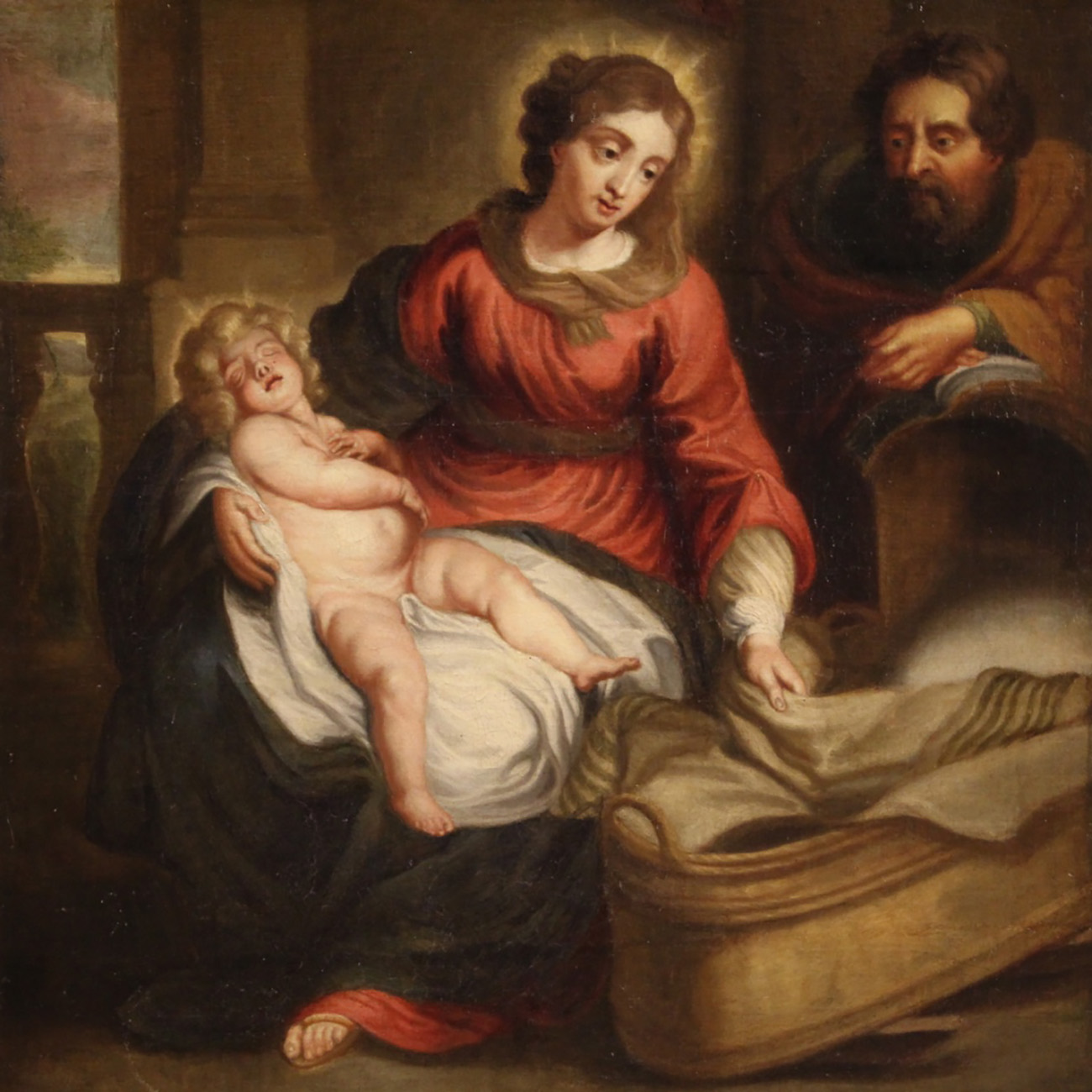 Flemish school of the 18th century."Holy Family", ca. 1750.Oil on canvas.20th century frame.Painting