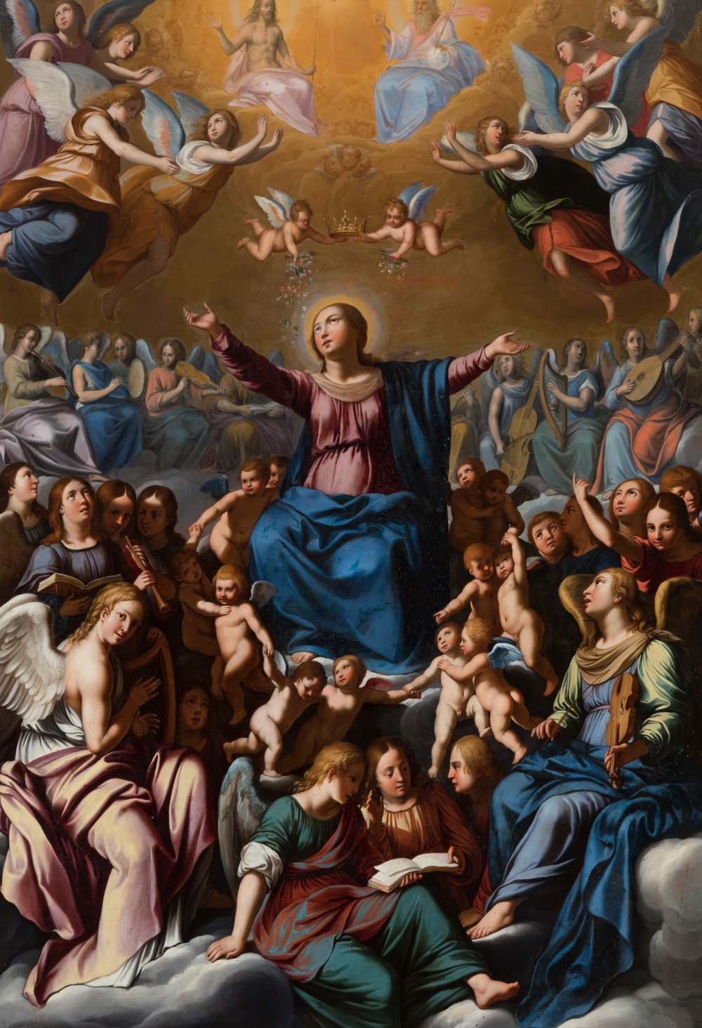 Attributed to CARLO SARACENI (Venice ca. 1570 - Venice, 1620)."The Coronation of the Virgin.Oil on