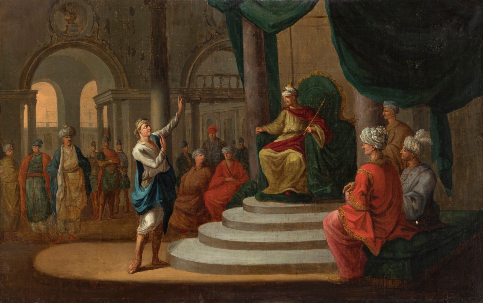 DIRK LANGENDIJK (Holland, 1748-1805)."Joseph before the Pharaoh".1769.Oil on canvas. Re-coloured.