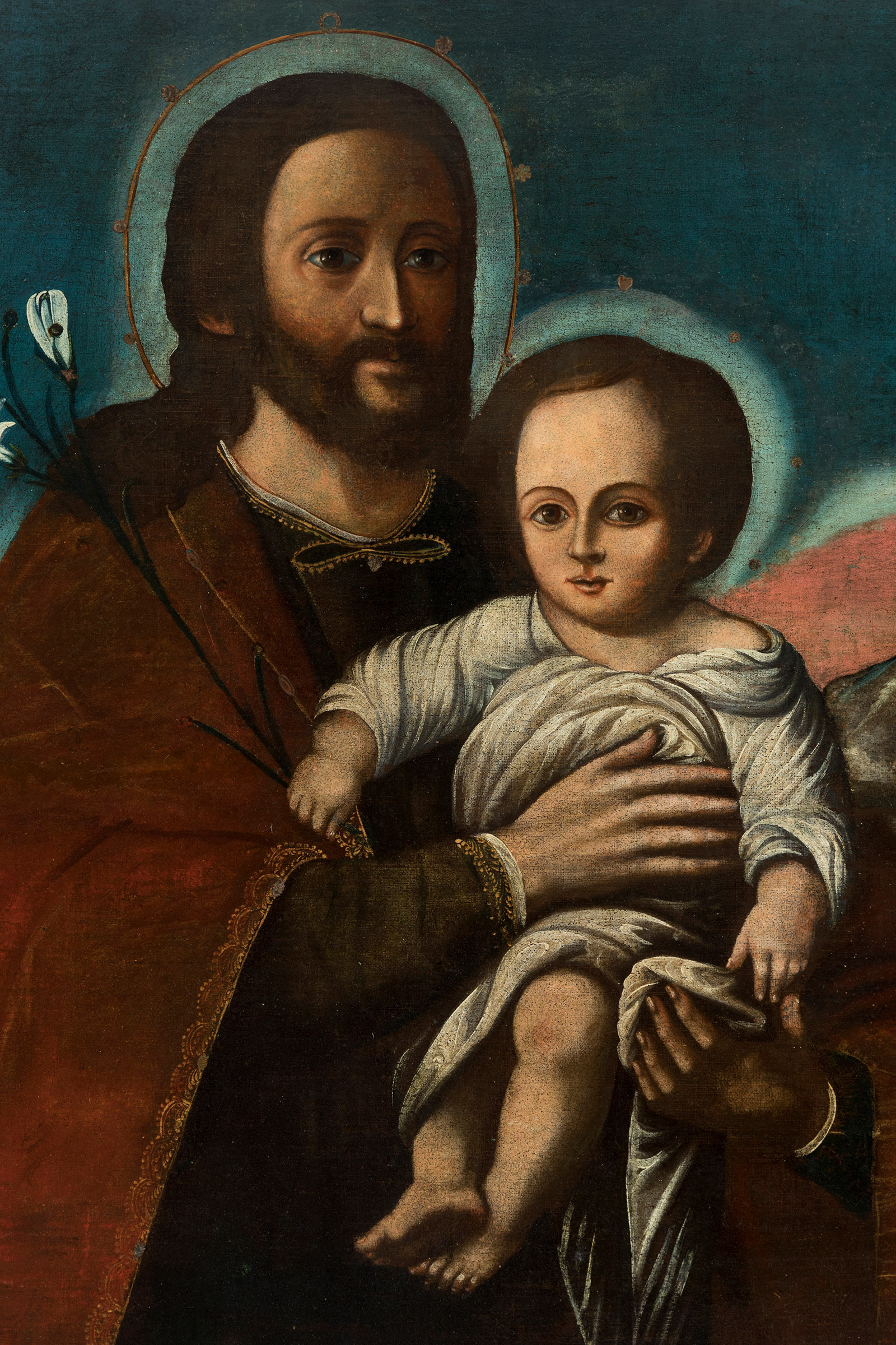 Peruvian colonial school; first half of the 18th century."Saint Joseph with Child".Oil on canvas. - Image 5 of 6