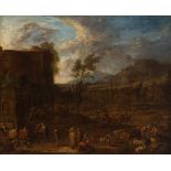 ADRIAEN FRANS BOUDEWIJNS (Brussels, 1644-1711)."Market Day".Oil on canvas. Antique re-colouring.It