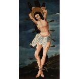 Spanish school; late 15th century."Saint Sebastian.Oil on panel.It has numerous repainting and