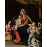 Flemish school; late 16th century."Virgin and Child with Angel Musicians".Oil on panel.