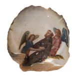 Spanish or Mexican school; 17th century."Saint Francis supported by angels".Oil on shell.It presents