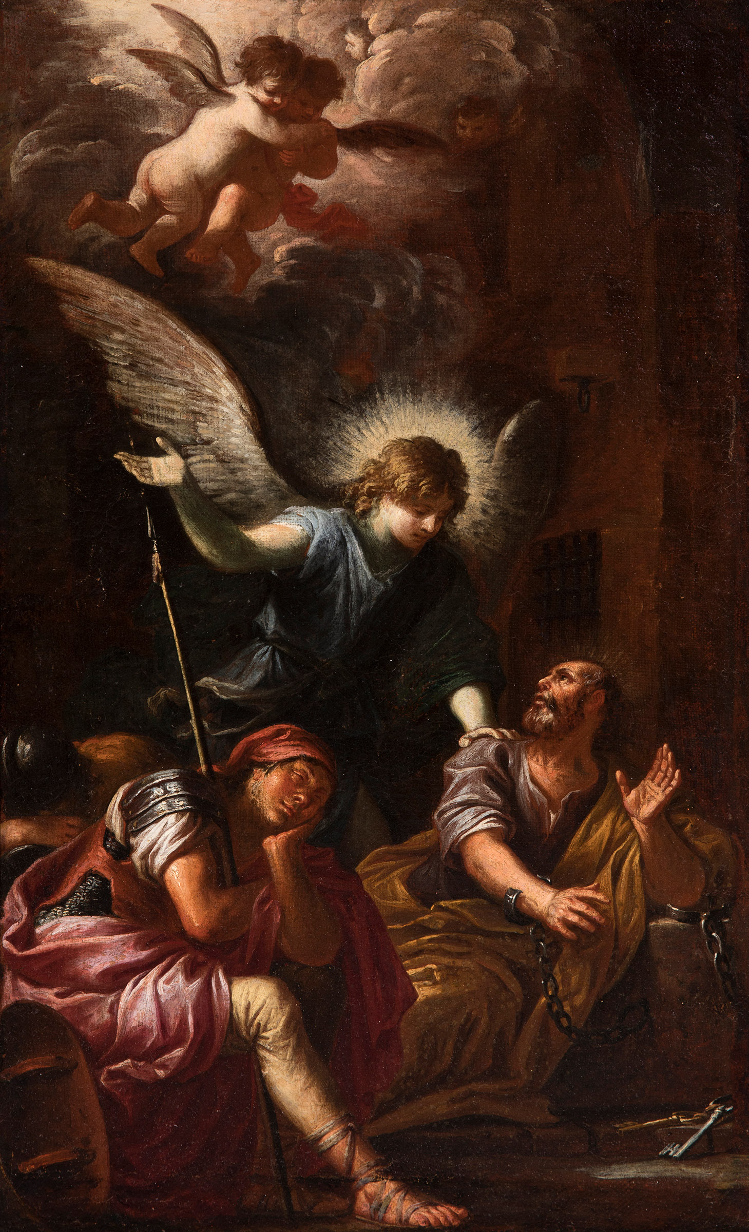 GIOVANNI GHISOLFI (Italy, 1623-1683)."Saint Peter Released from Prison".Oil on canvas.The original