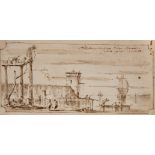 Attributed to FRANCESCO GUARDI (Venice, 1712-1793)."View of the Arsenal of Venice".Ink on paper.With