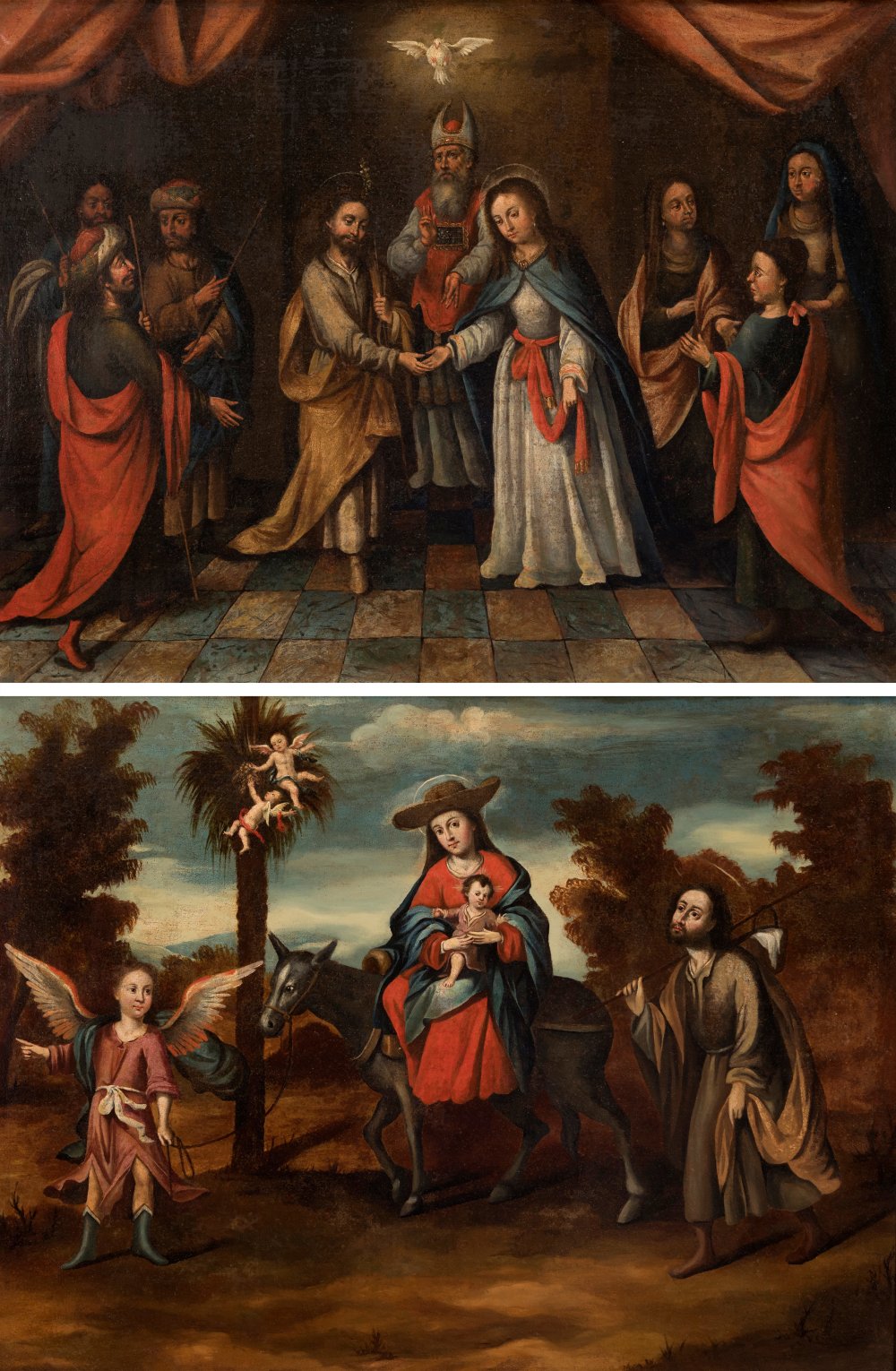 17th century Andalusian school."The betrothal of Mary and Joseph" and "Flight into Egypt".Oil on