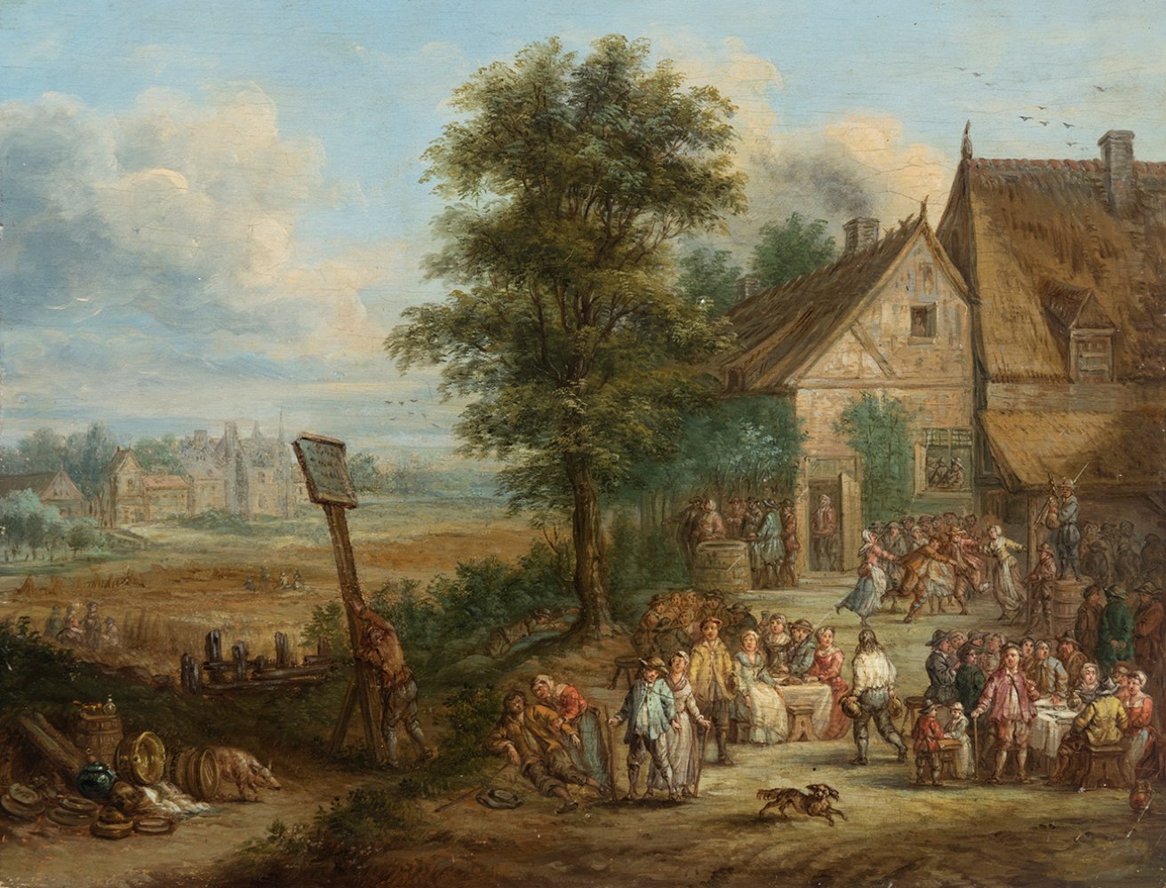 Dutch school; early 18th century."Landscape with Figures.Oil on panel.Measurements: 18,5 x 24,5 cm.