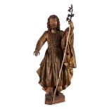 Spanish school of ca. 1600."Saint Joseph".Sculpture in carved, gilded and polychrome wood.