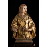 Renaissance school, 16th century.Reliquary bust of the Virgin.Carved, gilded and polychromed wood.It