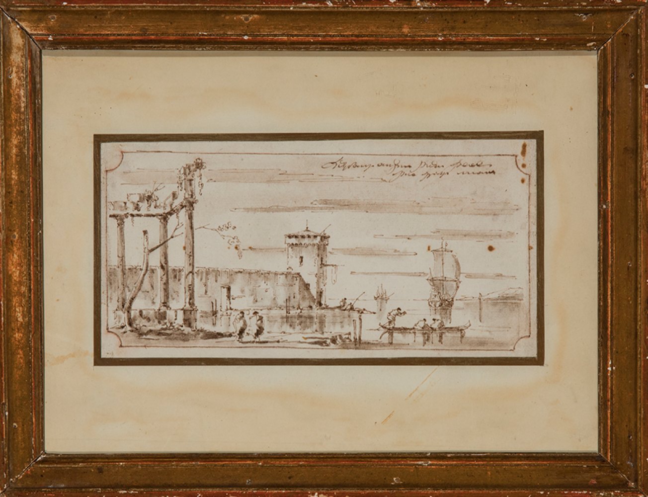 Attributed to FRANCESCO GUARDI (Venice, 1712-1793)."View of the Arsenal of Venice".Ink on paper.With - Image 2 of 3