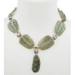Sterling silver nugget necklace and nine jadeite jade plaques. Silver carabiner clasp. Unique piece.
