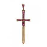 GARRARD "Dagger" pendant in 18kt yellow gold and rubies.Measurements: 7.62 x 2.54 cm.With original