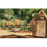 FERNANDO AMORSOLO (Philippines, 1892 - 1972)."Philippine landscape with huts".Watercolour on paper.