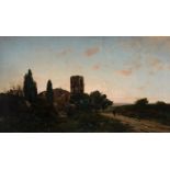 MODEST URGELL INGLADA (Barcelona, 1839 - 1919)."Landscape with Hermitage at Sunset".Oil on canvas.