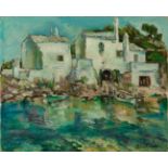 JOAN VIVES LLULL (Mahón, Menorca, 1901 - 1982)."Houses".Oil on cardboard.Signed in the lower right-