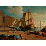 19th century Spanish school, following 18th century English models."View of the harbour".Oil on