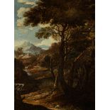 17th century Roman school"Landscape.Oil on canvas.Frame 19th century. Redorado.Measurements: 65 x 48